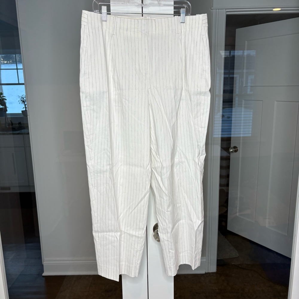 NWT J. Crew Pleated Tapered Pant Pinstripe Linen-viscose Blend Ivory Navy - Picture 2 of 6